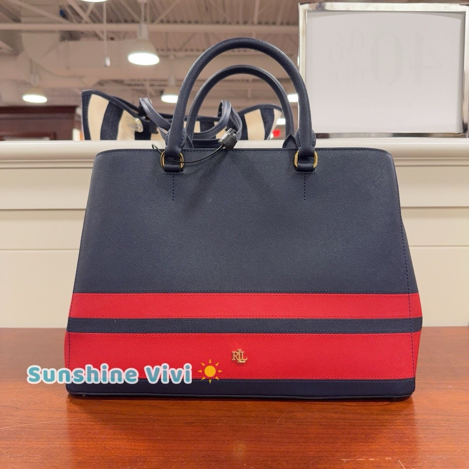 Polo Ralph Lauren NWT Ralph Lauren Crosshatch Large Hanna Satchel Stripe Navy Size ONE SIZE - 1 Thumbnail