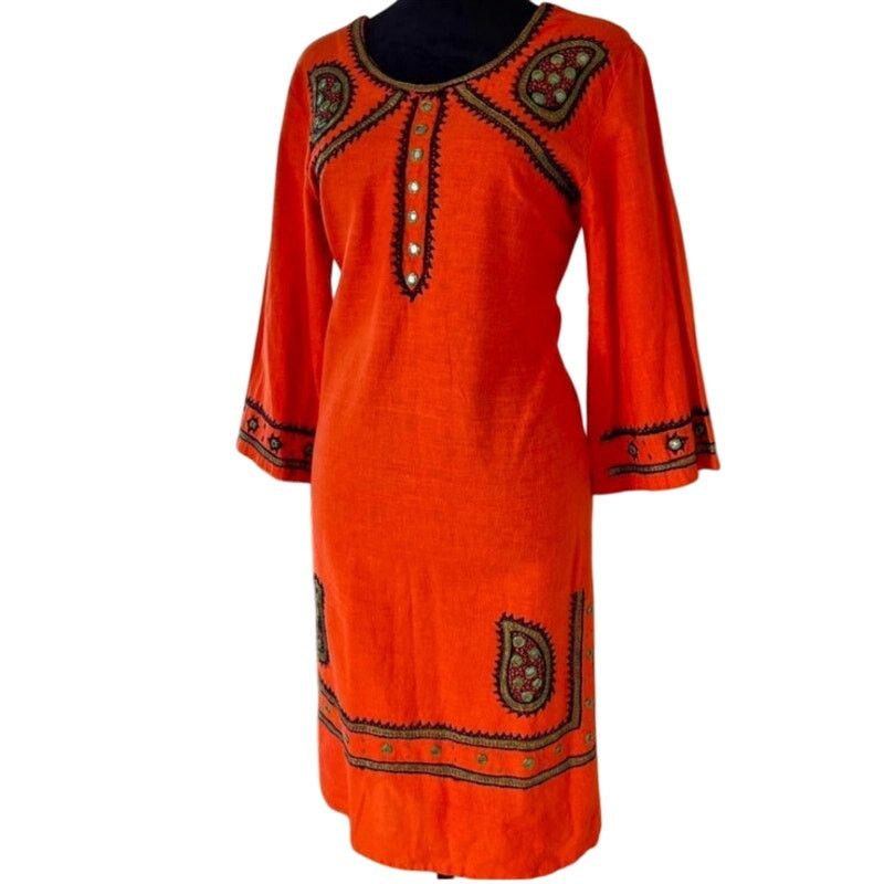 Vintage Vintage 70s Nitya Orange Green Mirror Kaftan Dress XS Small Size S / US 4 / IT 40 - 1 Thumbnail