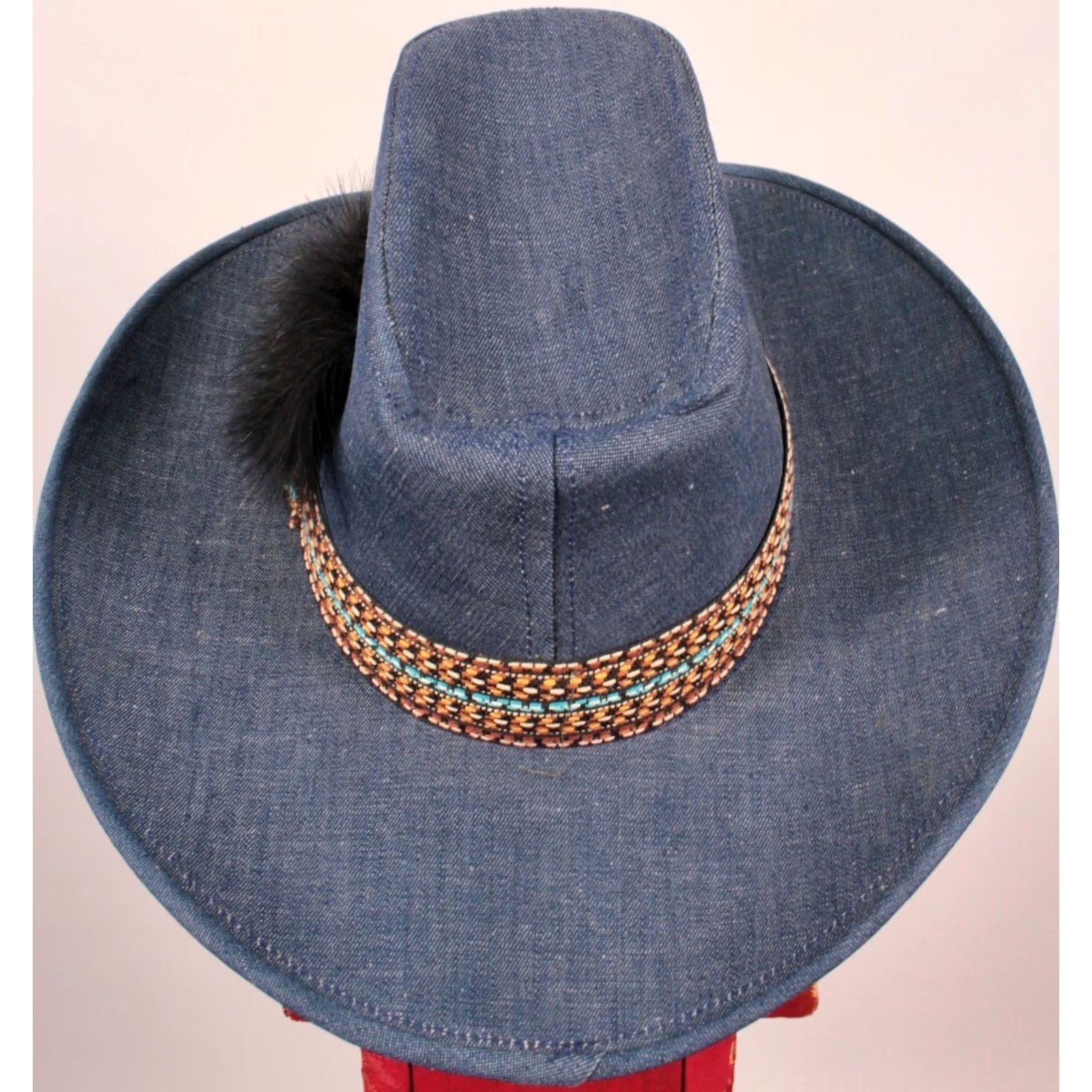 Vintage VTG 70s Cowboy Hat Denim Blue Feather Sz M Men’s Medium Denim Cowboy Hat Blue 1970s NOS Original (Size: Medium) Size ONE SIZE - 4 Thumbnail