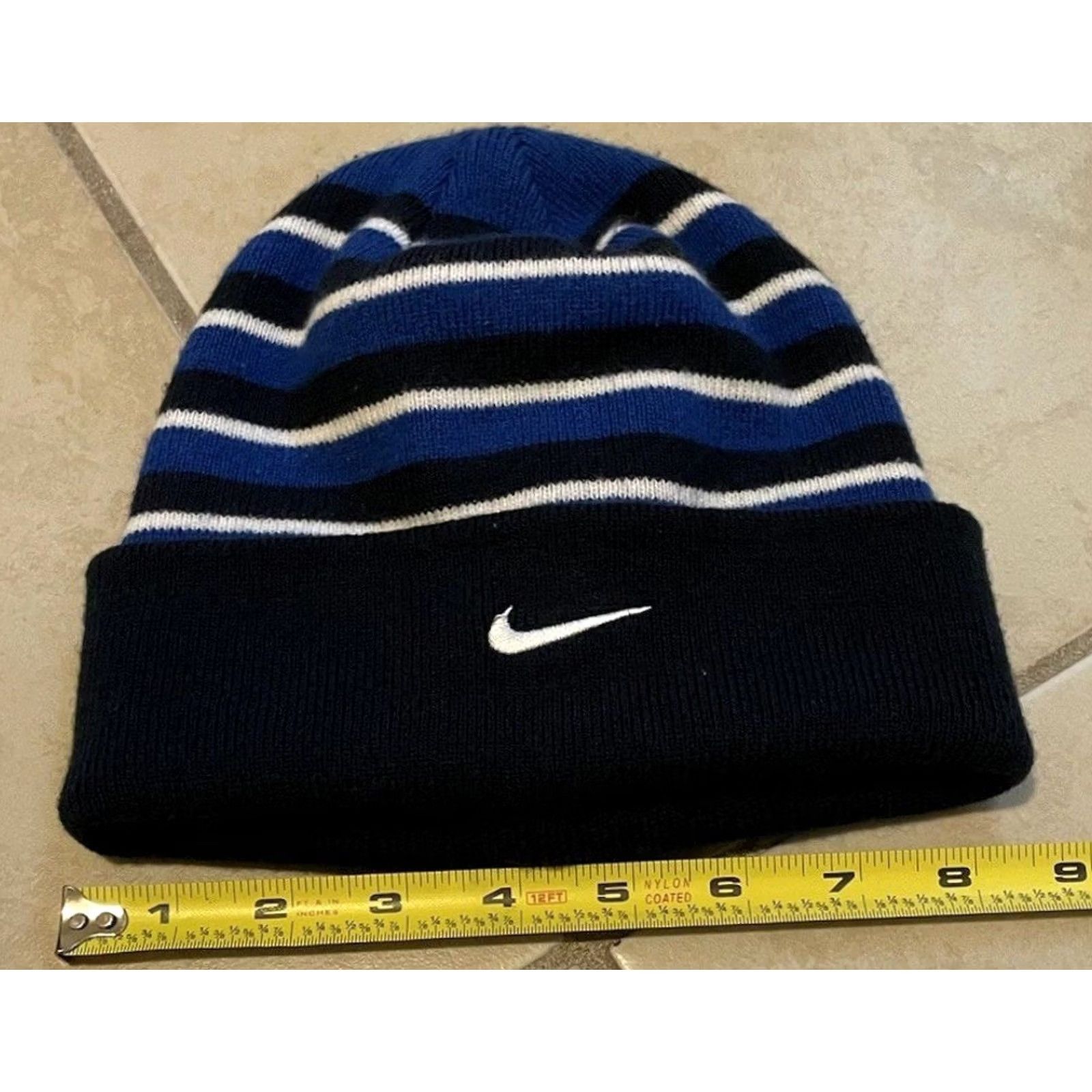 Nike VINTAGE Nike Swoosh Beanie Striped AOP Blue 90s Grunge Skate Surf Vtg Swoosh Beanie Mens One Size Size ONE SIZE - 3 Thumbnail