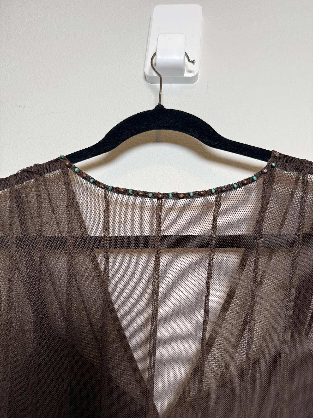 Y2K Vintage Brown Fairy Beaded Midi Dress with Sheer Overlay