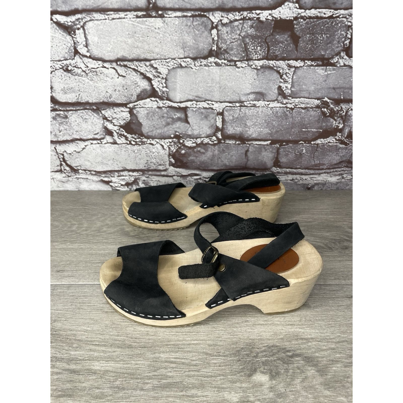 Other Mabo Black Leather Peep Toe Strap Sweden Clogs Heel Sandals Size US 4 / IT 34 - 16 Thumbnail