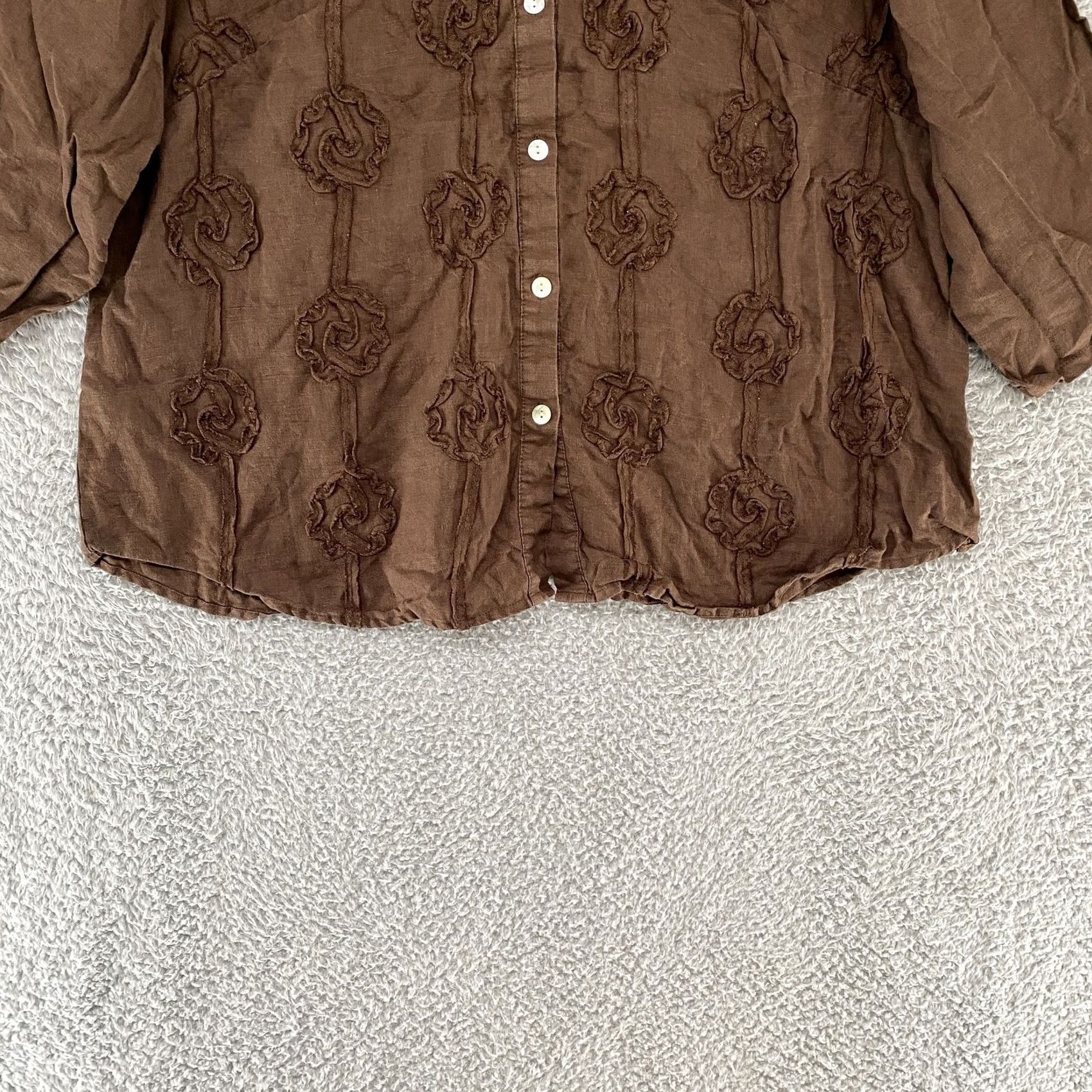 Vintage Edward Women Shirt 1X Brown Linen Button-Up Embroidered Floral Blouse Top - Casual 3/4 Sleeve, Collared, relaxed fit, Plus Size Size XL / US 12-14 / IT 48-50 - 3 Thumbnail