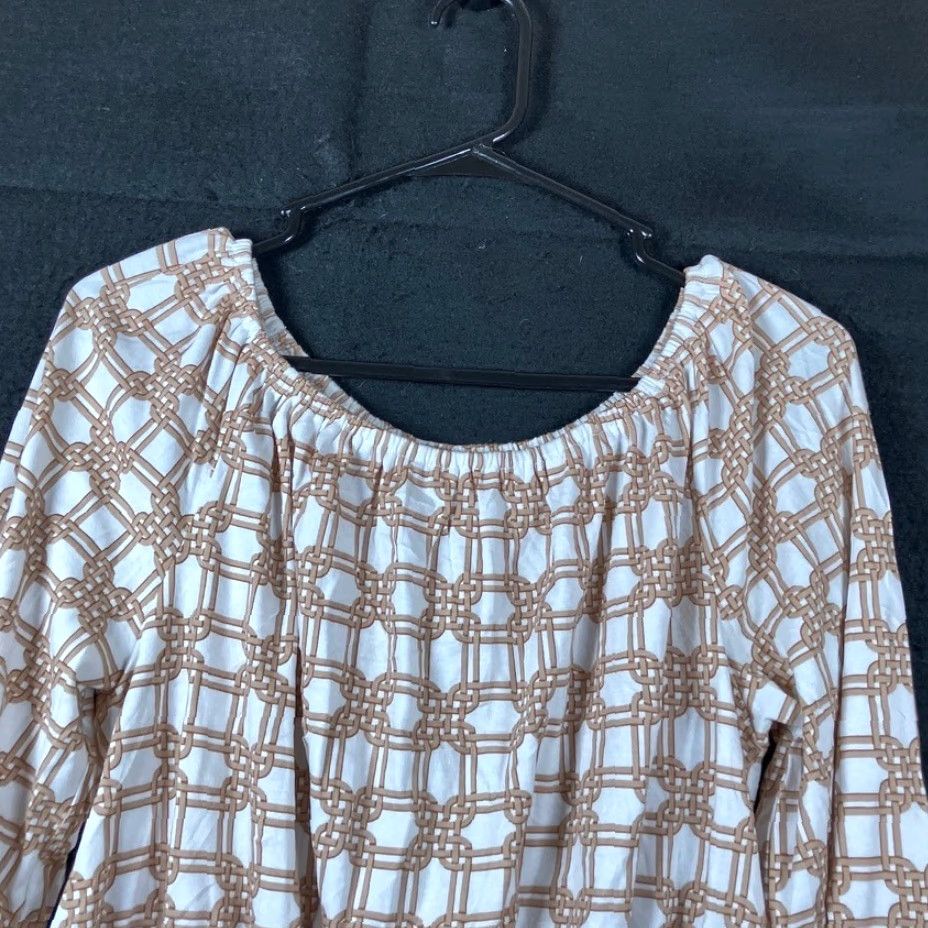 Ann Taylor Ann Taylor LOFT Blouse White Tan Rattan Print Smocked Peplum Long Sleeve M Womens Shirt Men/Womens? Size M / US 6-8 / IT 42-44 - 2 Thumbnail