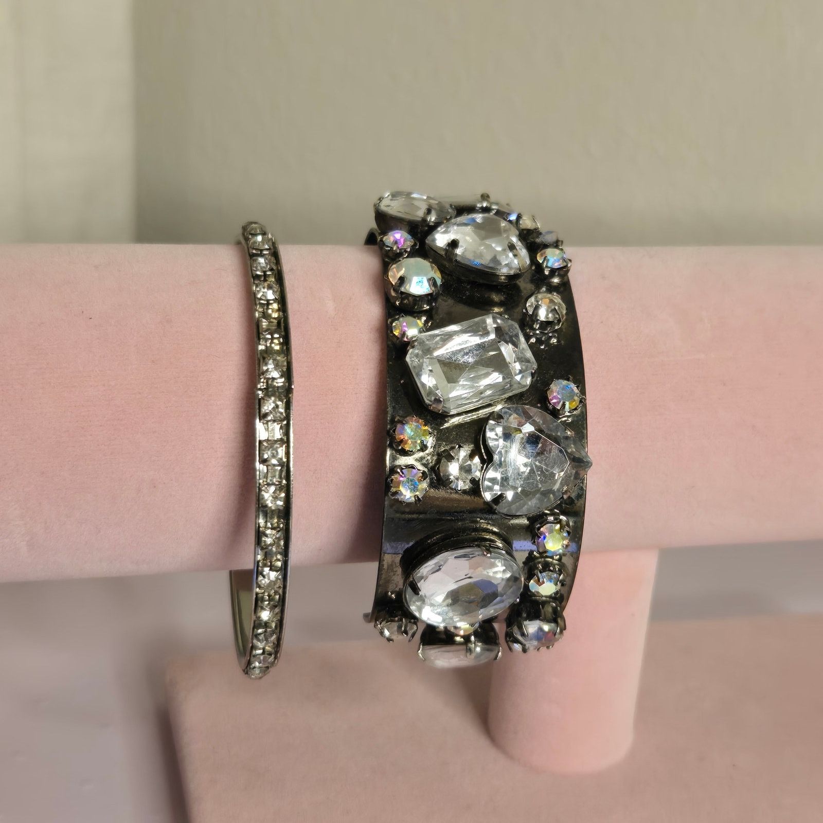 Vintage Clear Rhinestone Wide Bangle & Slender Tennis Bracelet Set Size ONE SIZE - 10 Thumbnail