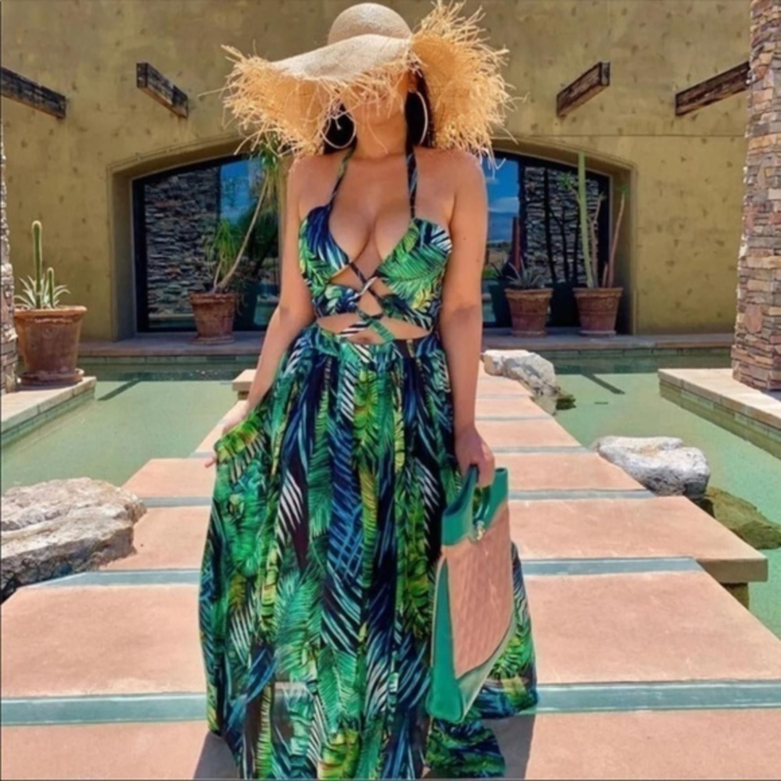 Designer Palm Tree Maxi Dress Side Slit Coord Set NWT Size M / US 6-8 / IT 42-44 - 4 Thumbnail
