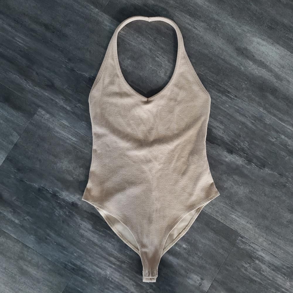 Forever 21 Nude Ribbed F21 Halter Bodysuit Size ONE SIZE - 1 Thumbnail