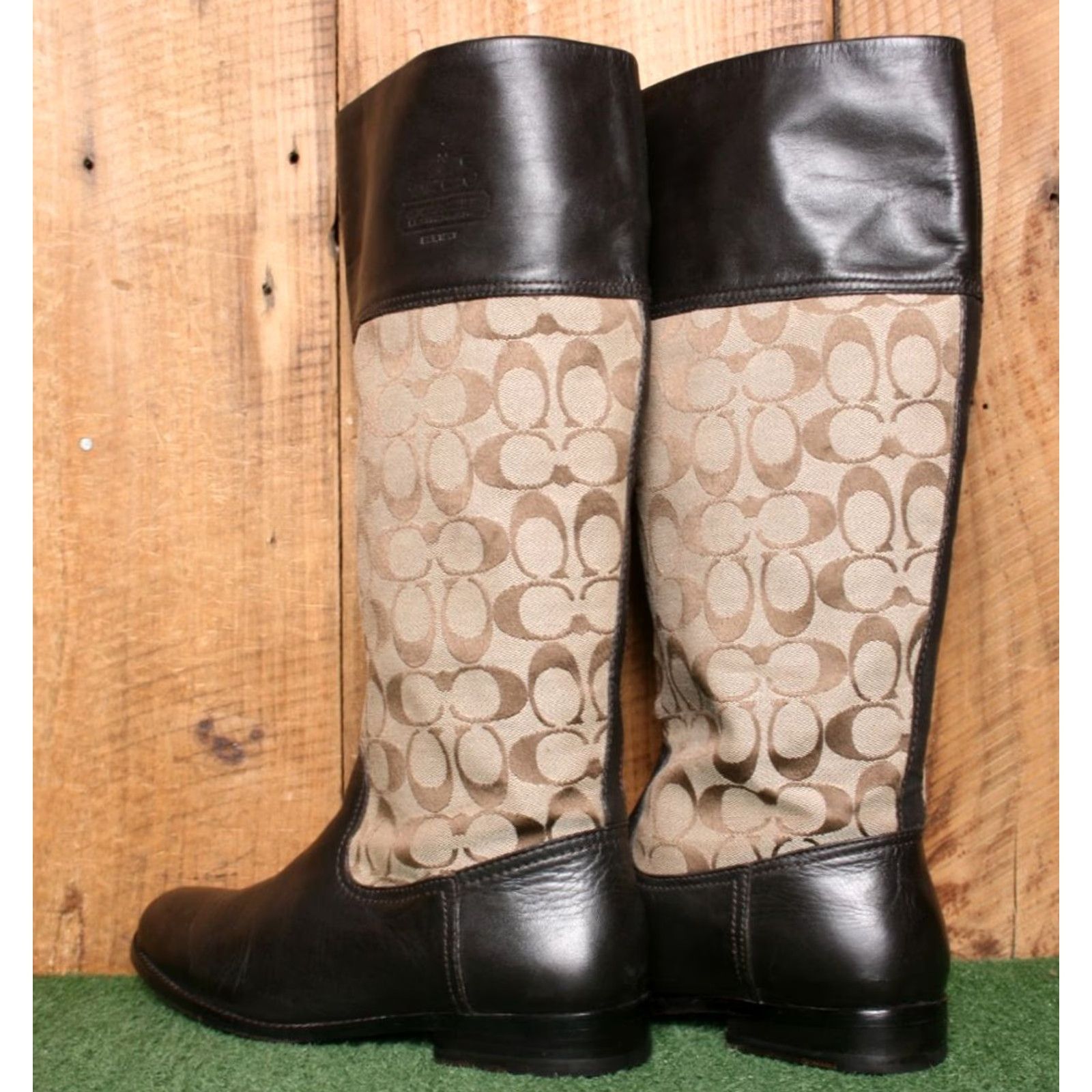 Coach VINTAGE COACH 'Chrissi' Brown Leather Khaki Signature Logo Jacquard Riding Boots Sz. 9B Women Knee High Leather | Canvas Brown Riding Boot Mens? Size US 9 / IT 39 - 3 Thumbnail