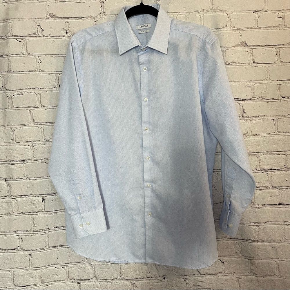 Haggar Haggar Slim Fit Blue Dress Shirt Size M (16-16.5) Size US M / EU 48-50 / 2 - 2 Thumbnail