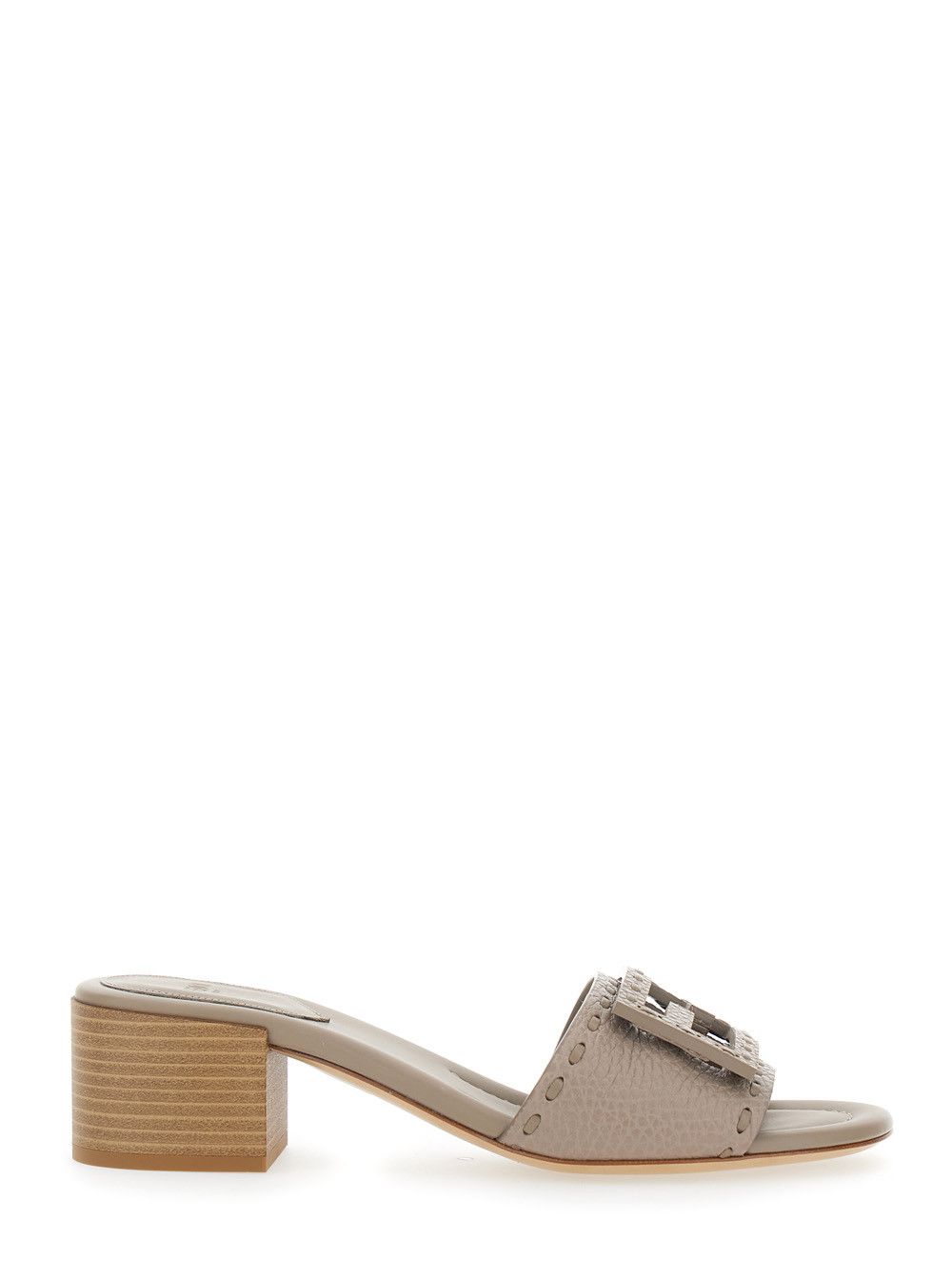 Fendi Beige Medium Block Heel Sandals with Wide Strap and FF Cut-Out in Leather for Women Size US 11 / IT 41 - 1 Thumbnail