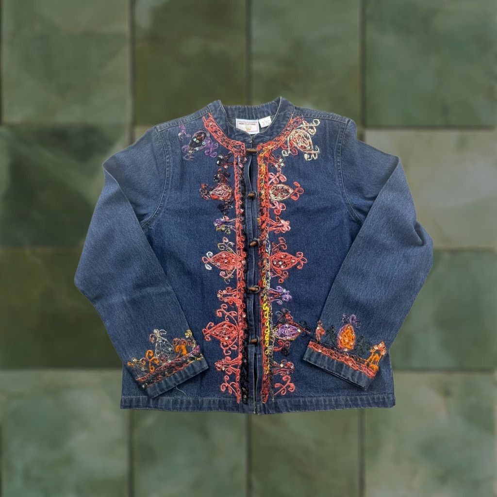 Vintage IKON CLOTHING Jacket Womens Large Blue Denim Embroidered Sequin Floral Boho Size L / US 10 / IT 46 - 1 Thumbnail