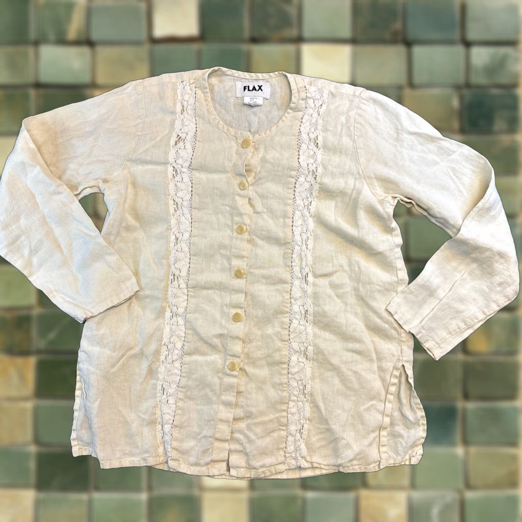 FLAX FLAX Linen Button Up Tunic Top S Lace Tan Natural Long Sleeve Lagenlook Oversize Size S / US 4 / IT 40 - 1 Thumbnail
