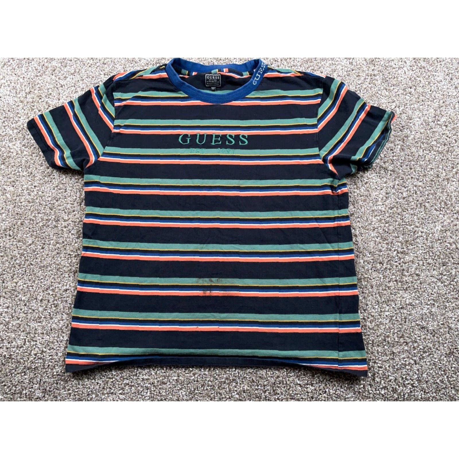 Guess GUESS Striped Embroidered T-Shirt Adult Large Black Orange Green 90s Retro Mens Size US L / EU 52-54 / 3 - 2 Thumbnail