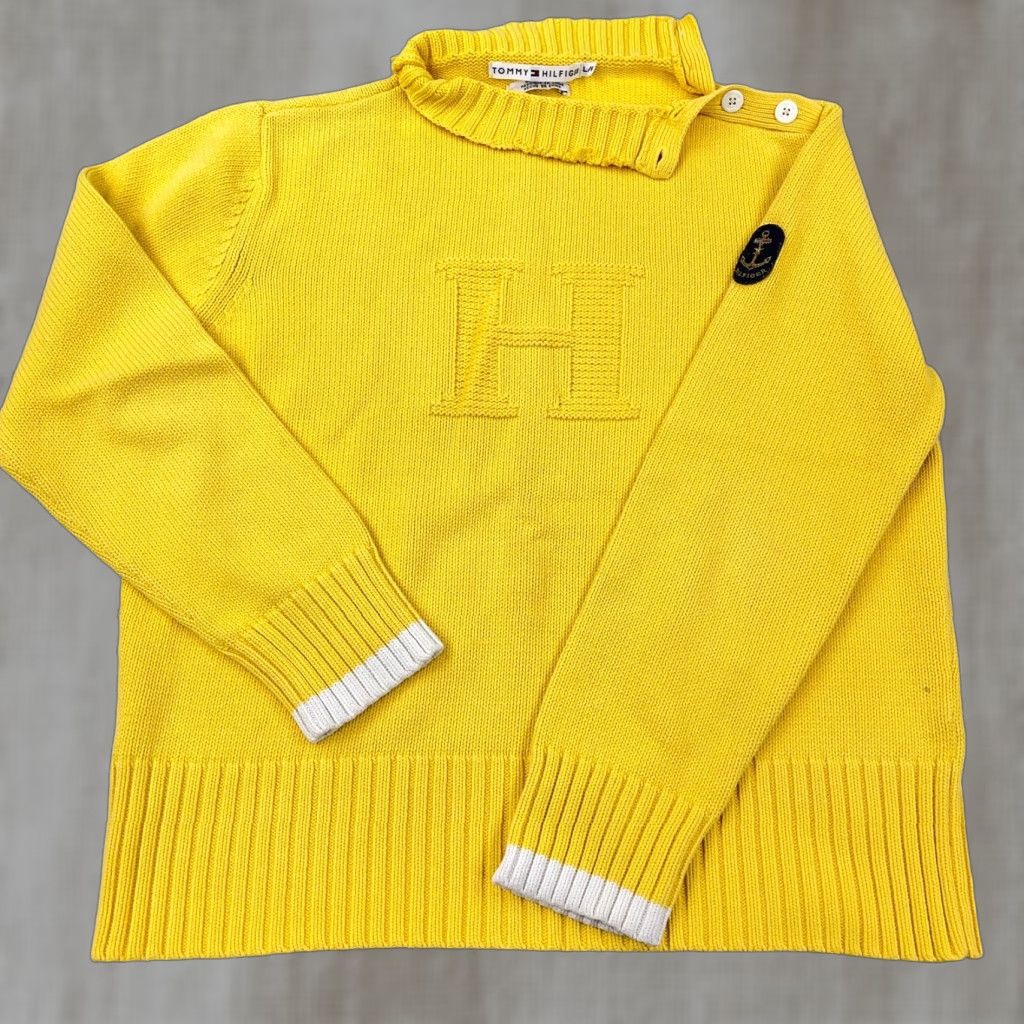 Tommy Hilfiger VINTAGE Tommy Hilfiger Sweater Shirt Women Large Yellow Chunky Knit H Logo Ribbed Mock Ladies Size L / US 10 / IT 46 - 1 Thumbnail