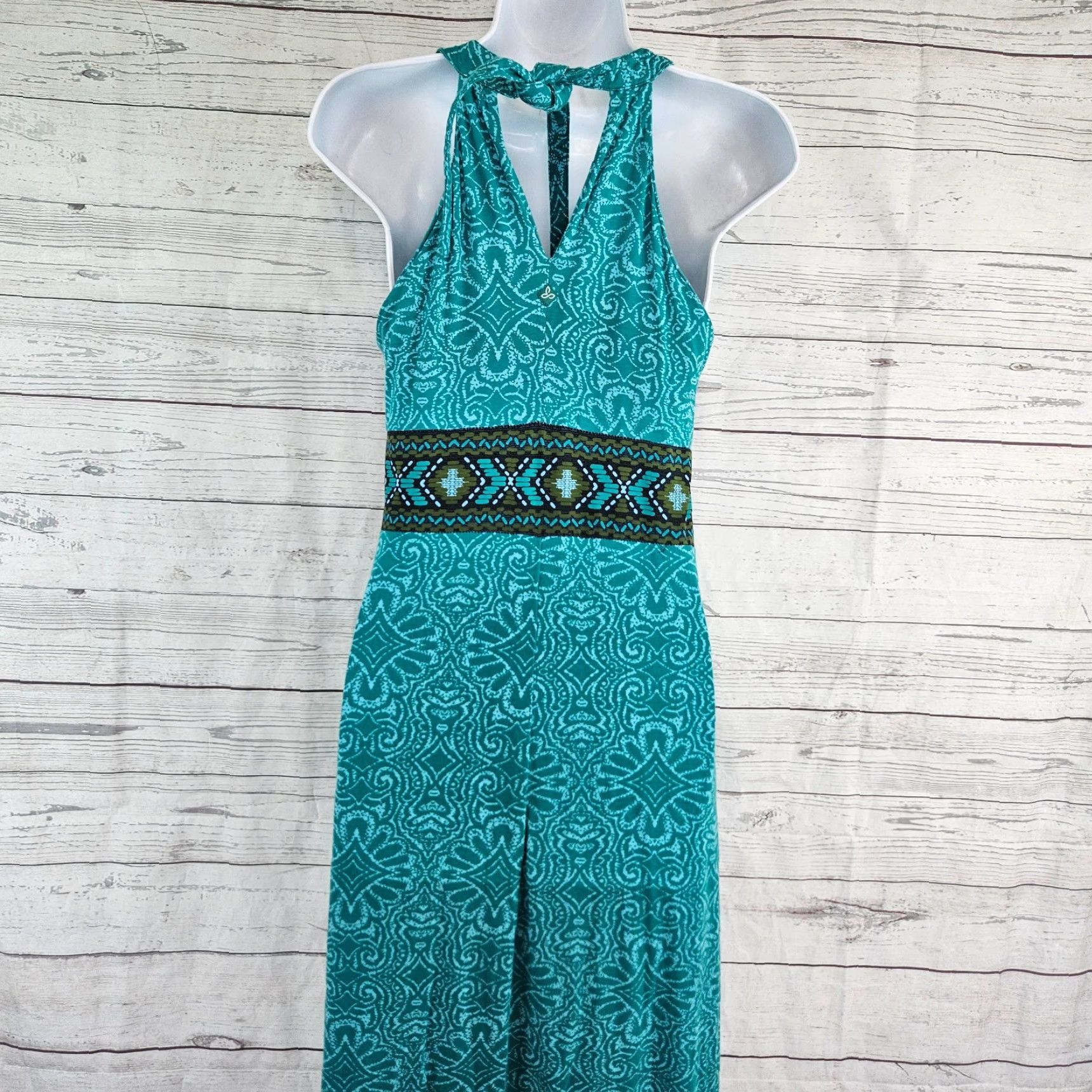 prAna Womens Skye Maxi Dress Sz Small Blue Green Sleeveless Organic Cotton