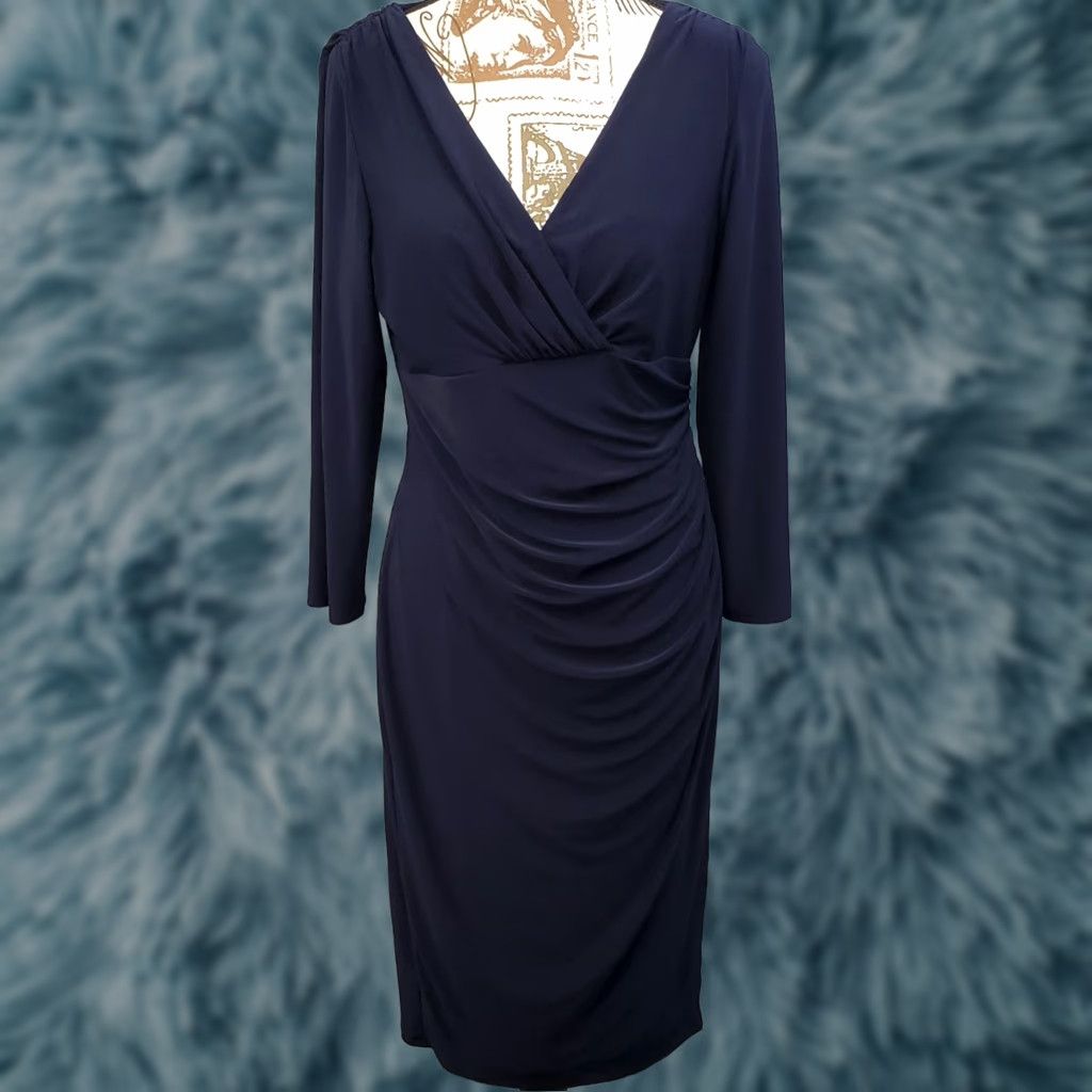 Ralph Lauren Lauren Ralph Lauren Wrap Dress Womens Size 6 Blue Ruched Cocktail Party Long Sleeve Midi Dress Size M / US 6-8 / IT 42-44 - 1 Thumbnail