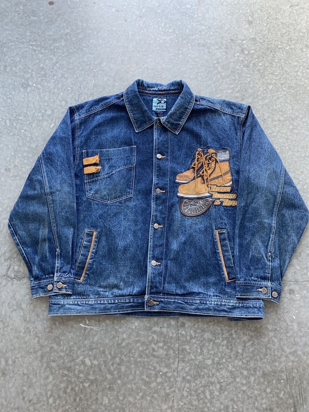 image of Jnco x Southpole Crazy Vintage Y2K Raw Blue Timberland Denim Jacket Boxy, Men's (Size 2XL)