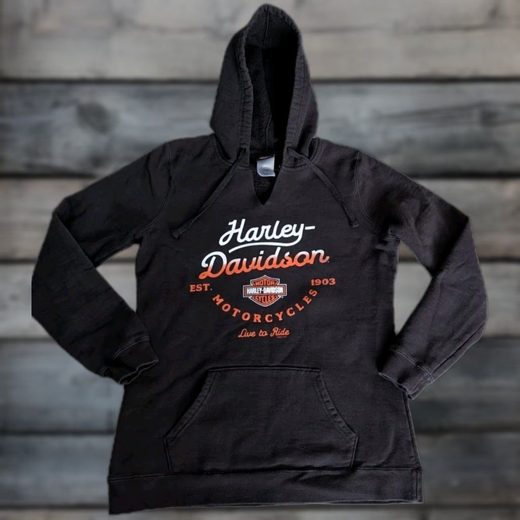Harley Davidson Harley-Davidson Hoodie Women's V-Neck Dallas TX Black Size M Logo Pullover, Activewear, All Seasons, Cotton Blend, Long Sleeve, VGUC Size M / US 6-8 / IT 42-44 - 1 Thumbnail
