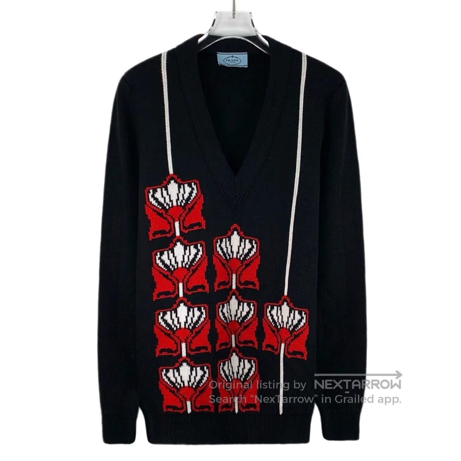 Prada Prada Black Pattern Embroidered Cashmere V-neck Long Sleev Size US XS / EU 42 / 0 - 1 Thumbnail