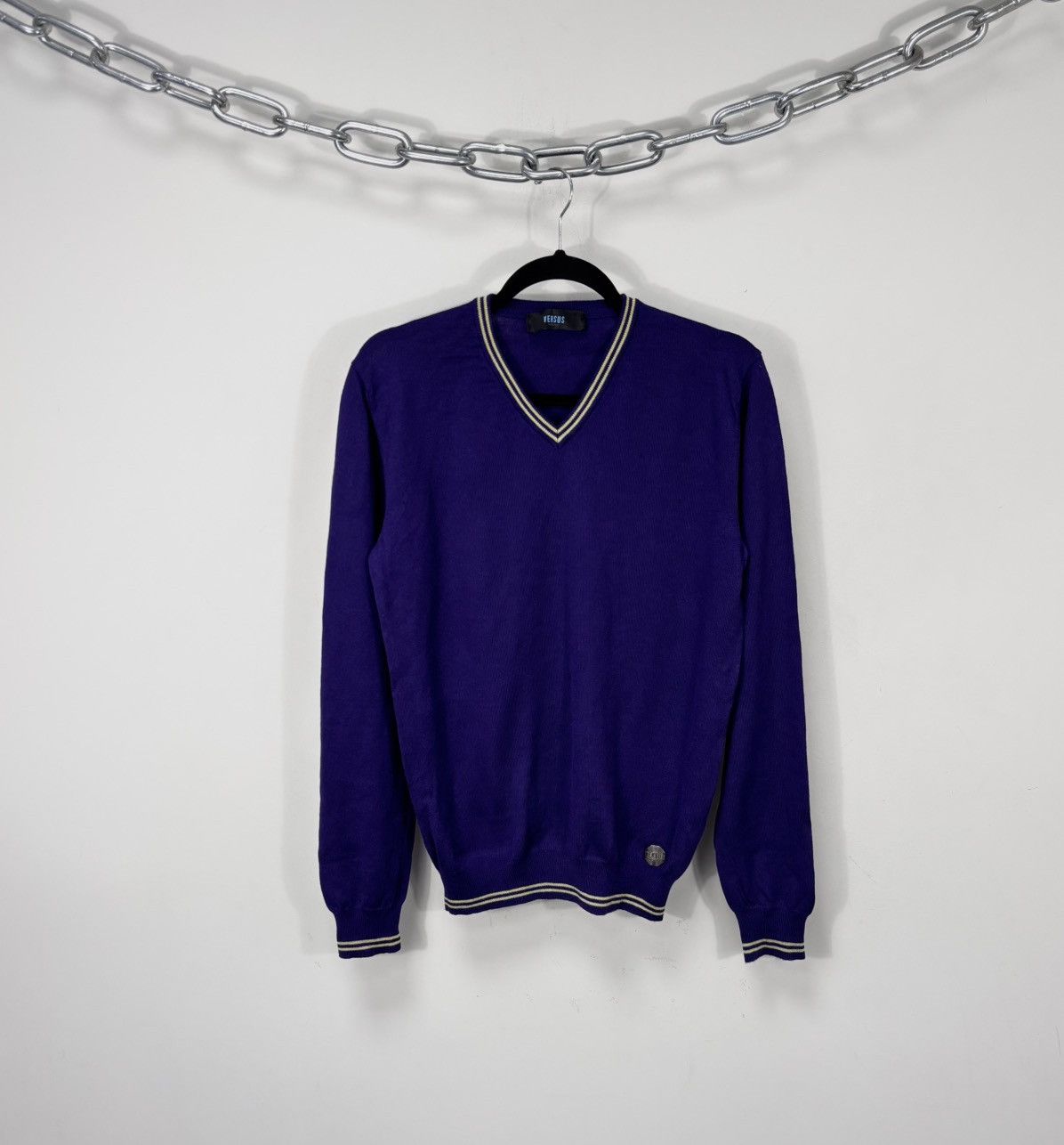 Versus Versace Versus Versace Men’s Purple V-Neck Wool Sweater Jumper Size US L / EU 52-54 / 3 - 1 Thumbnail