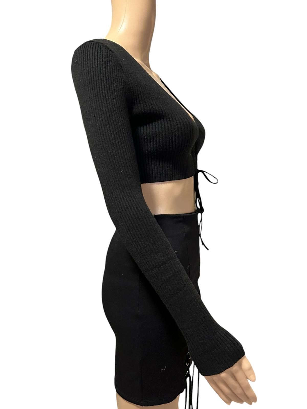 Zara Chic Black Ribbed Crop Top with Tie Detail Size S / US 4 / IT 40 - 3 Thumbnail