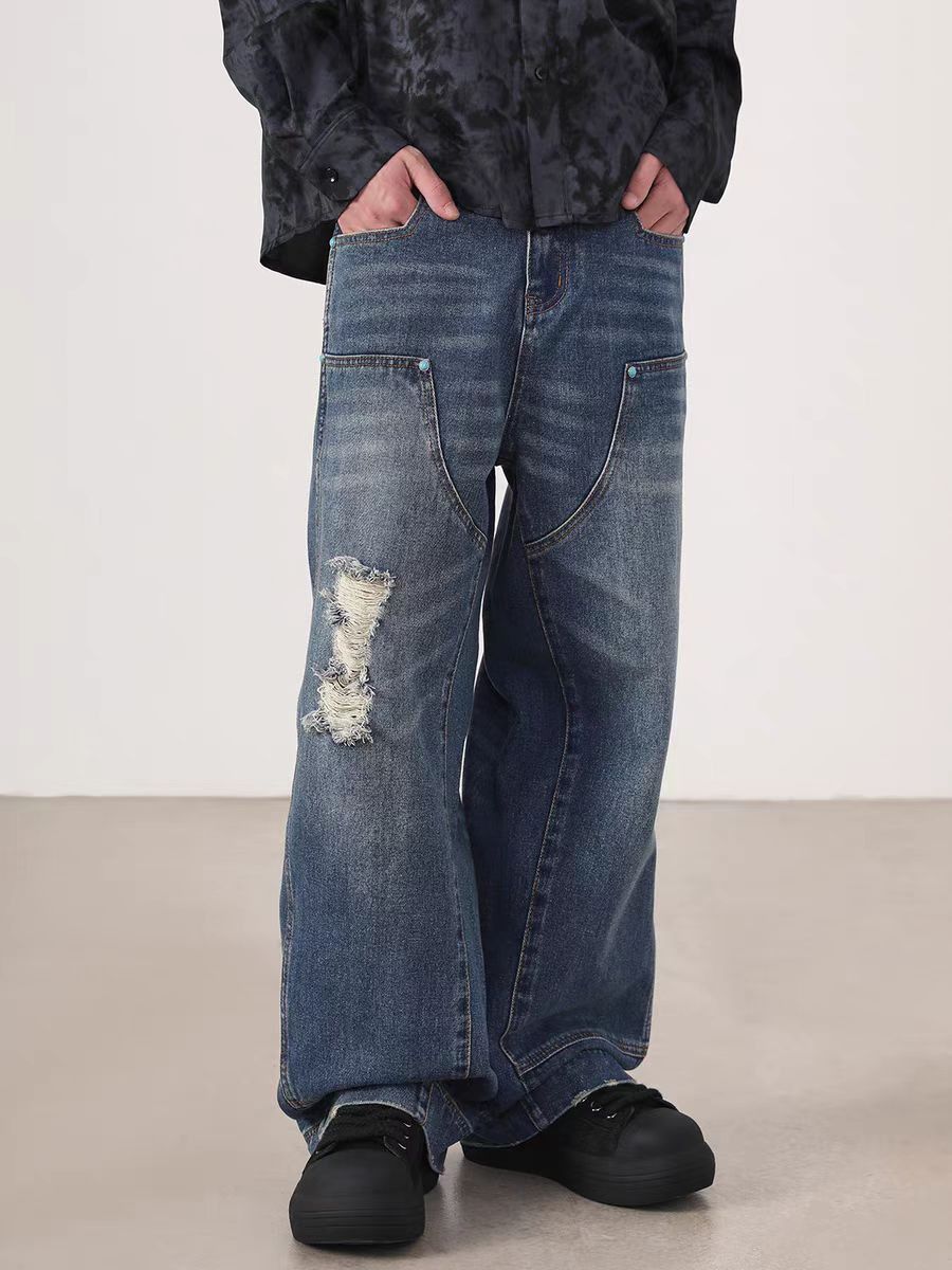 Washed vintage loose fit ripped work jeans