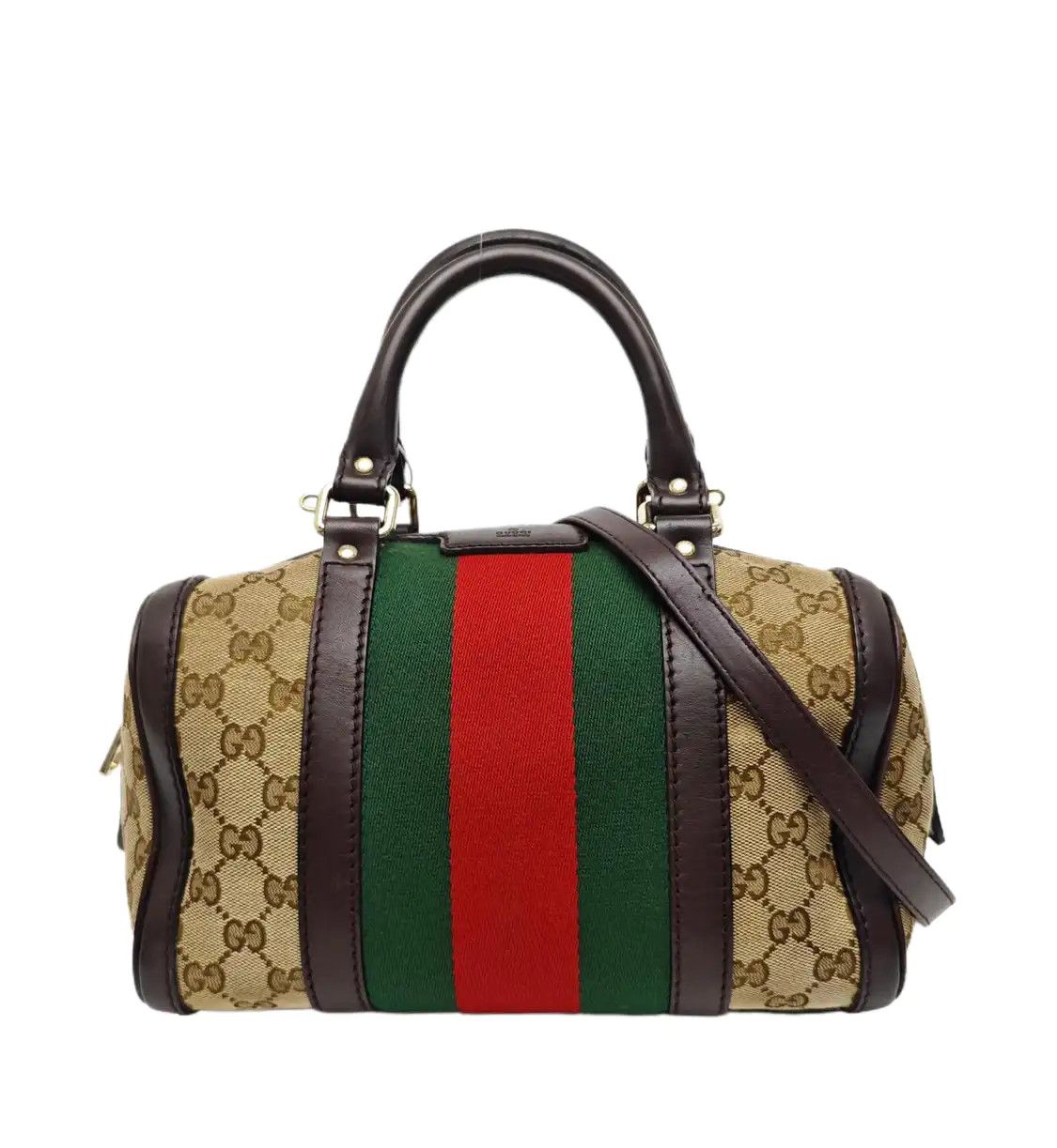 Gucci Boston Bag Khaki Canvas Monogram Stripe Webbing Shoulder Bag Crossbody Han in Beige, Women's