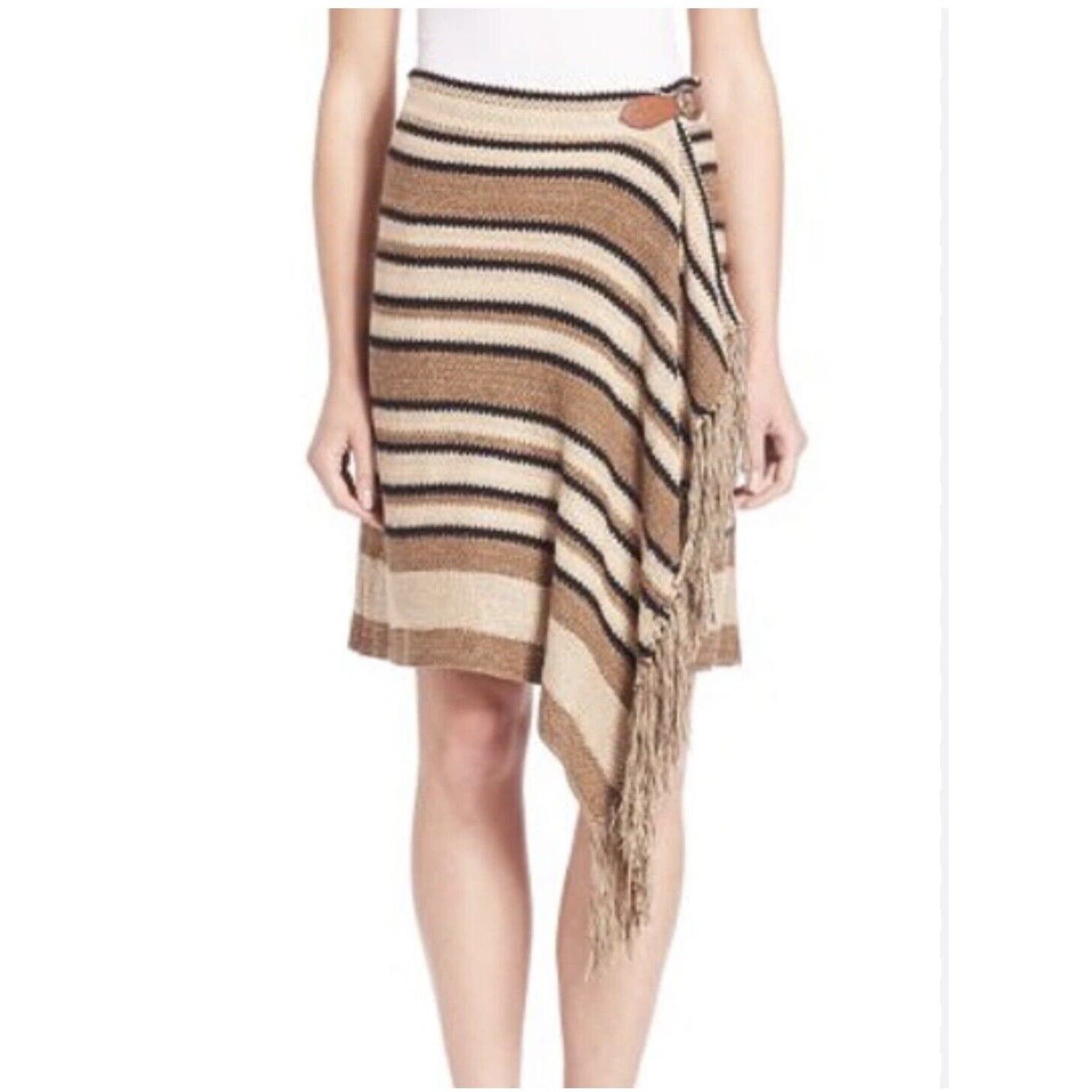 image of Polo Ralph Laurent Striped Knitted Wrap Skirt With Fringe in Brown, Women's (Size 26)