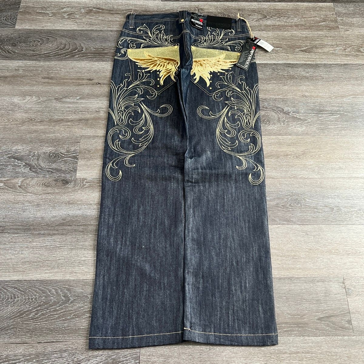 Pre-owned Affliction X Ed Hardy Vintage Y2k Imperious Angel Wing Baggy Embroidered Cybergoth In Navy