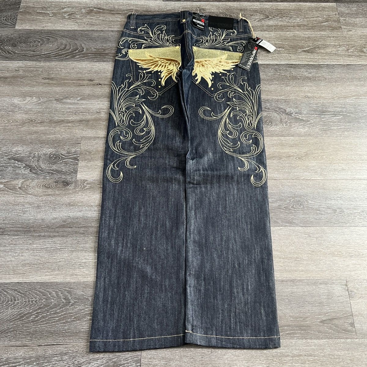 image of Affliction x Ed Hardy Vintage Y2K Imperious Angel Wing Baggy Embroidered Cybergoth in Navy (Size 34