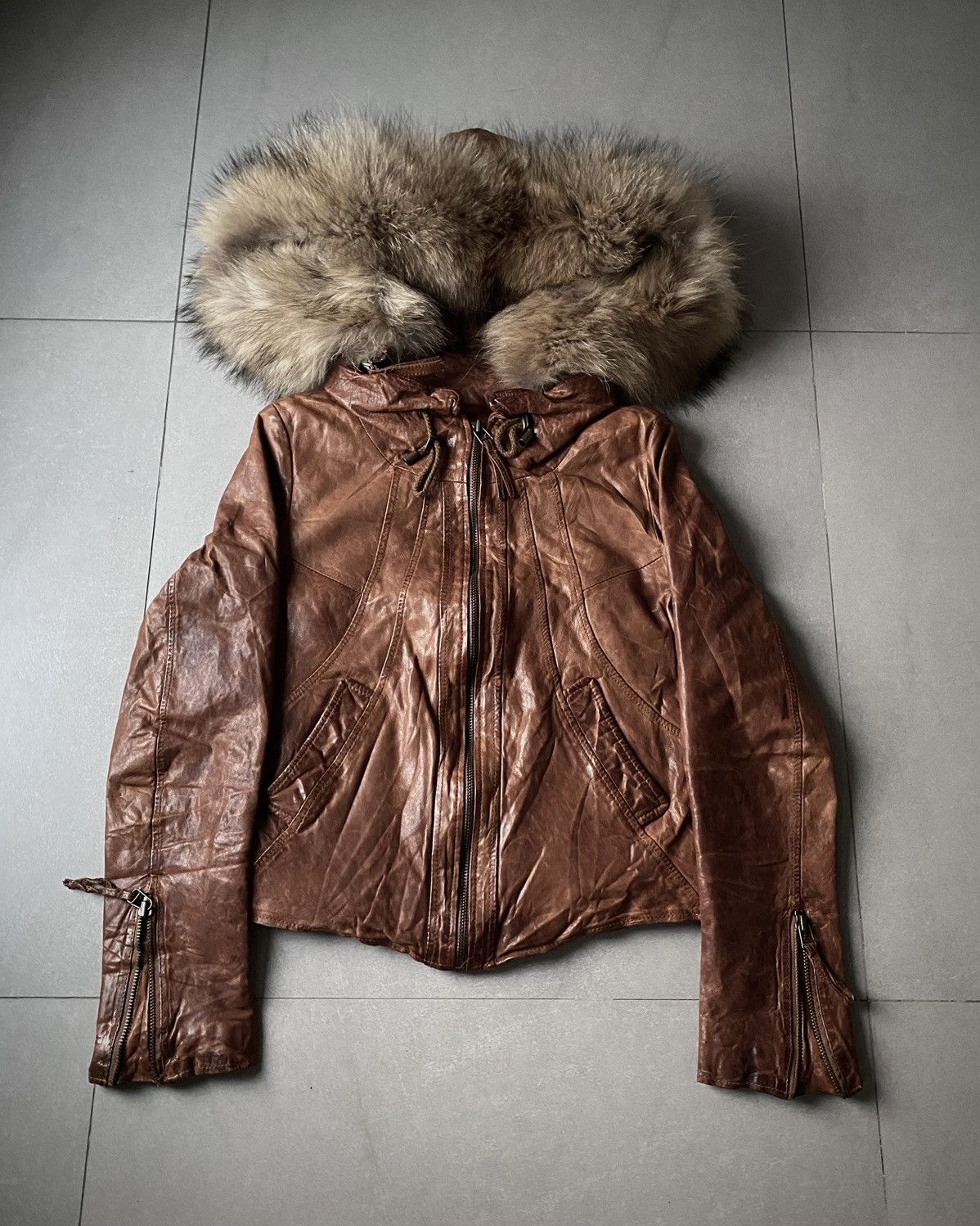 GOA Raccoon Fur Sheepskin Cropped Leather Hoodie Jacket