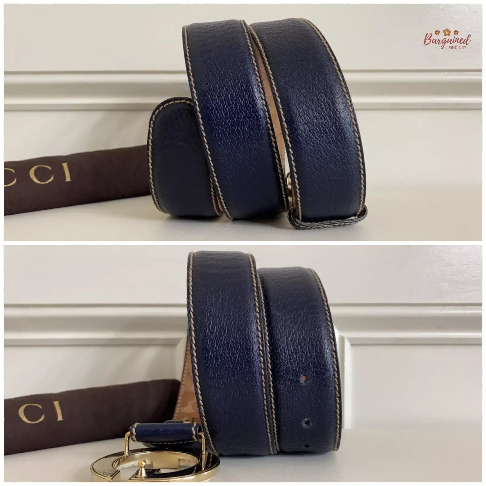 Gucci GUCCI Navy Calfskin Leather Gold Braided G Logo Buckle Belt Size 32 - 4 Thumbnail