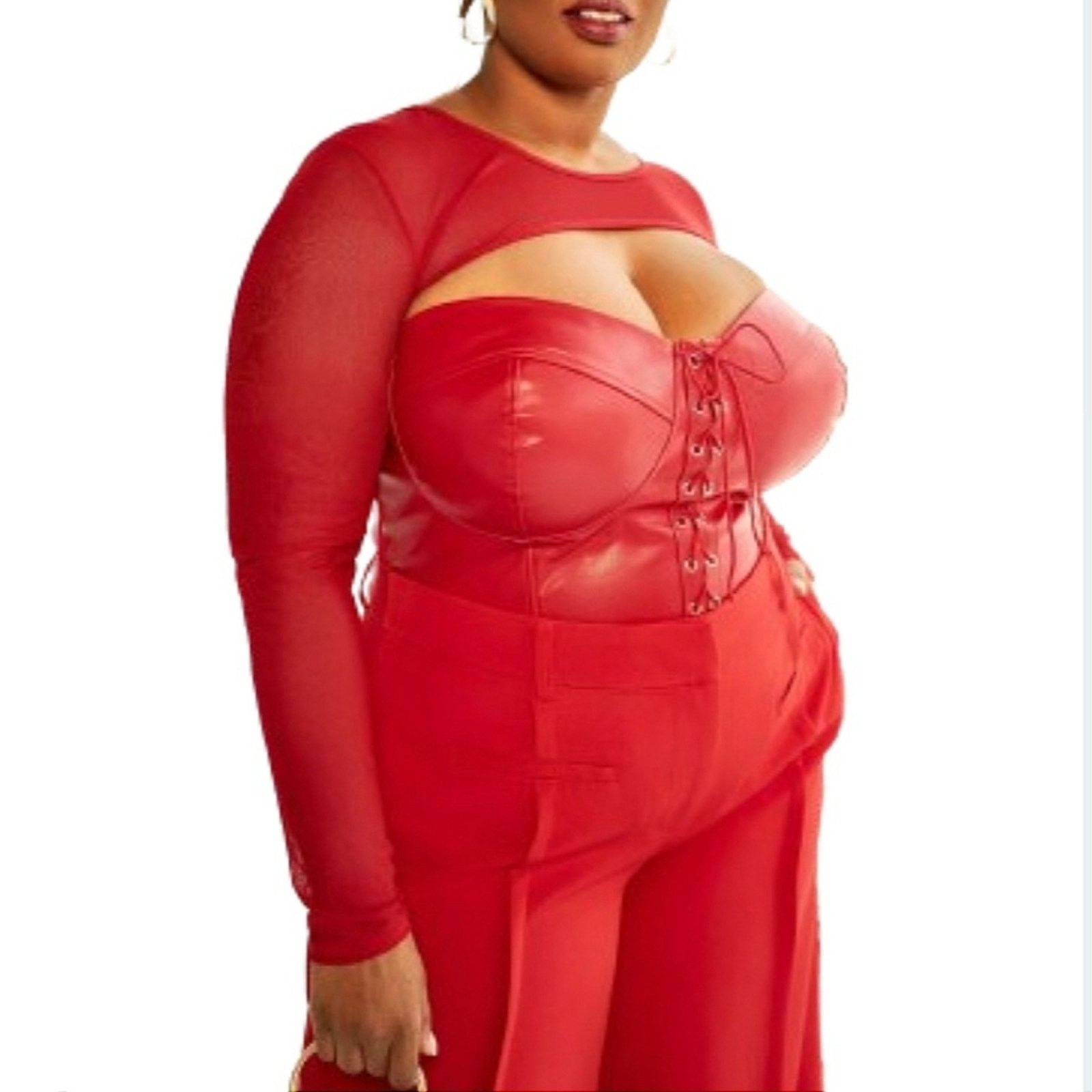 Other RED HOT ☆ FAUX LEATHER & MESH ☆ BUSTIER BODYSUIT 3x ☆ NWT Size 3XL / US 20-22 - 2 Thumbnail
