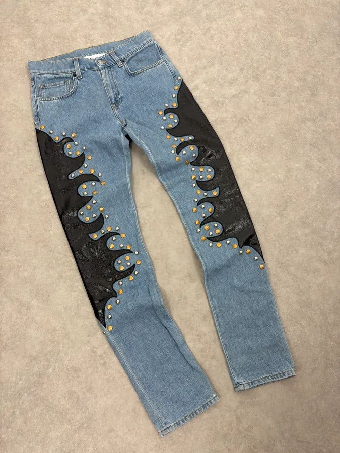 Moschino 1990s Moschino Blue Denim & Black Leather Jeans Size US 39 - 5 Thumbnail