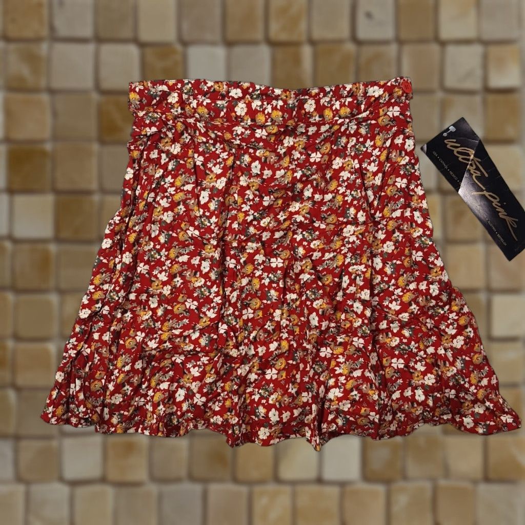 Vintage VINTAGE Red Floral Pleated Women's Small Flower Knee Length Rayon 80s Skirt Size 28" / US 6 / IT 42 - 1 Thumbnail