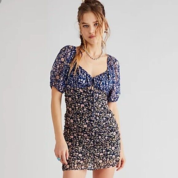 Free People Free People Tessa Floral Gathered Mini Dress Blue / Black ...