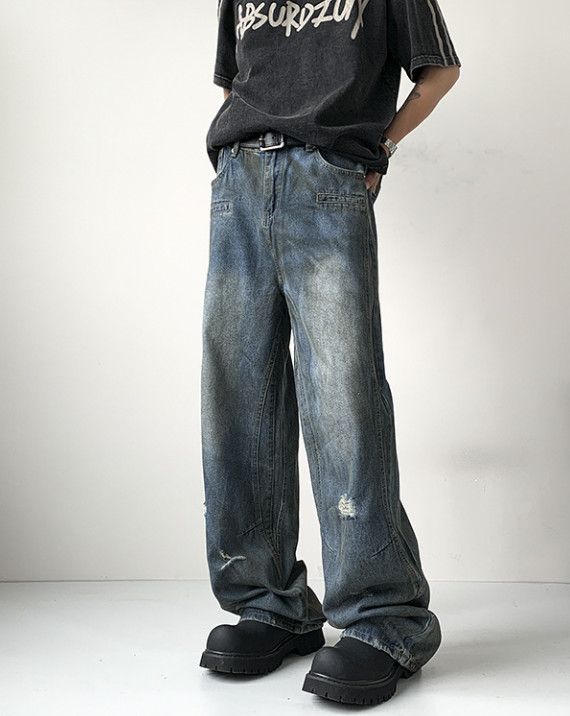 Vintage Men's American Distressed Wide-Leg Street Washed Denim Jeans Size US 32 / EU 48 - 3 Thumbnail