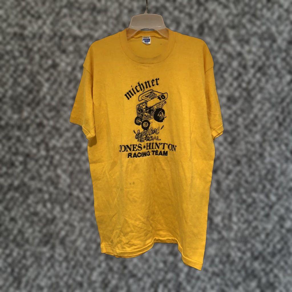 Vintage VINTAGE 70s Michner Sprint Car T Shirt XL Jones Hinton Racing Team Sprinter Race Shirt Mens Yellow 70s Cars Sports Racing Size US XL / EU 56 / 4 - 1 Thumbnail
