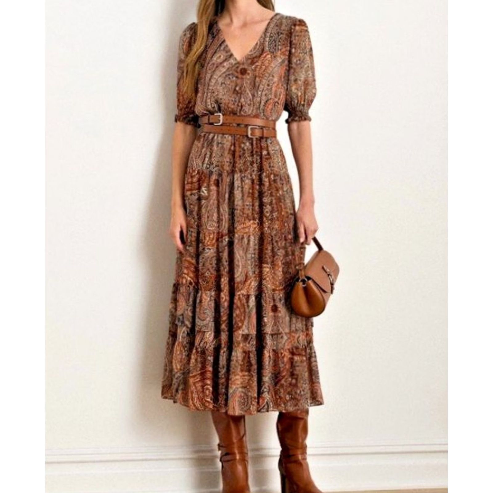 Ralph Lauren Ralph Lauren Dress Midi Paisley Chiffon Puff Sleeve Tired Boho Rust 4P Women's Size S / US 4 / IT 40 - 6 Thumbnail