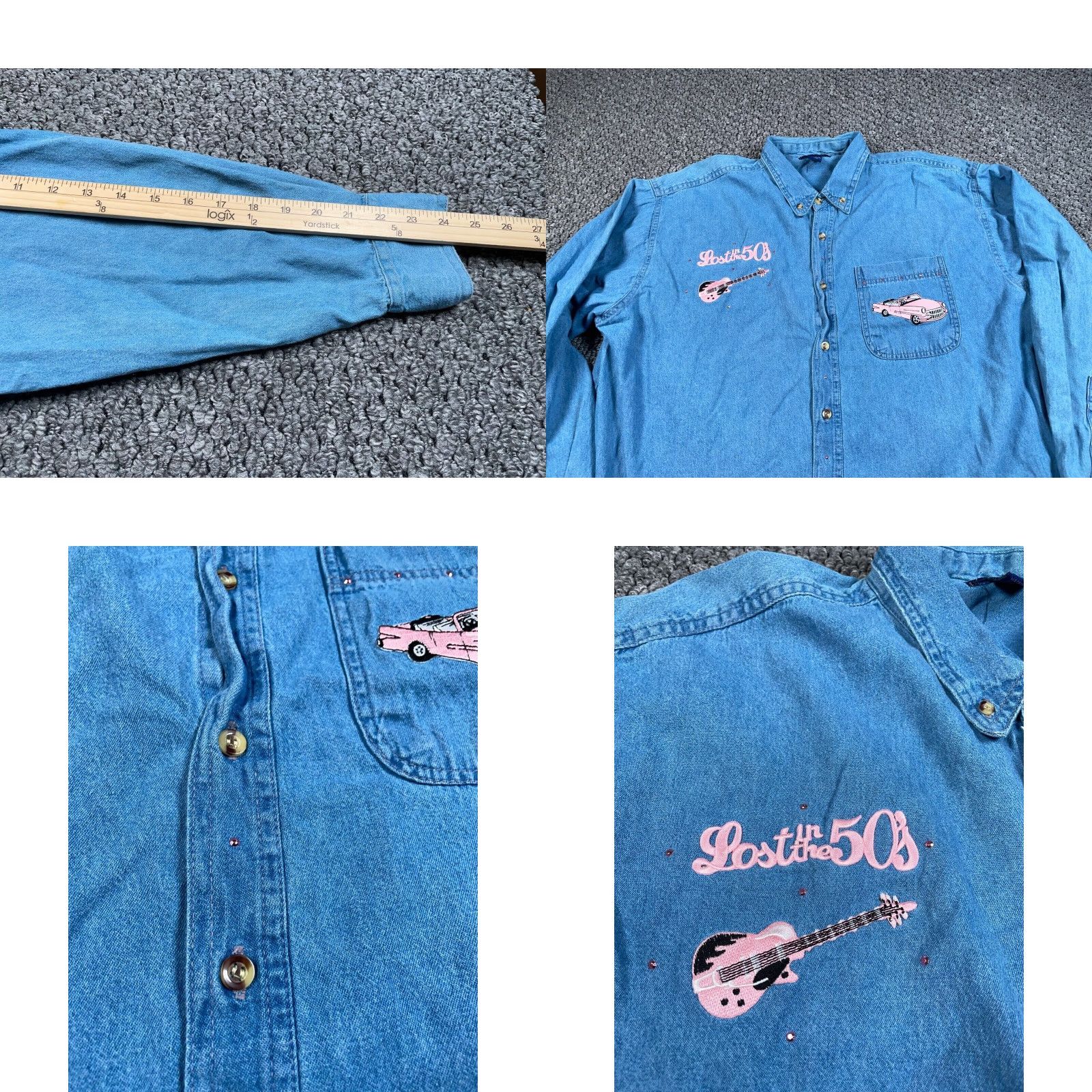 Denime VINTAGE Lost in 50s Embroidered Denim Shirt Adult XL Blue Button-Up Casual Mens Size US XL / EU 56 / 4 - 8 Thumbnail