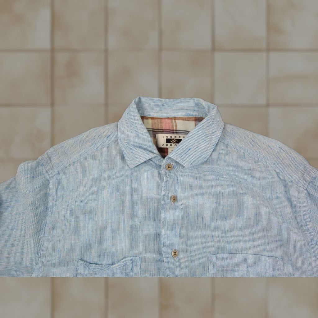 Joseph Abboud Joseph Abboud Shirt Mens XL Blue Pinstriped Linen Button-Up Short Sleeve Casual Workwear 90s City Western Size US XL / EU 56 / 4 - 1 Thumbnail