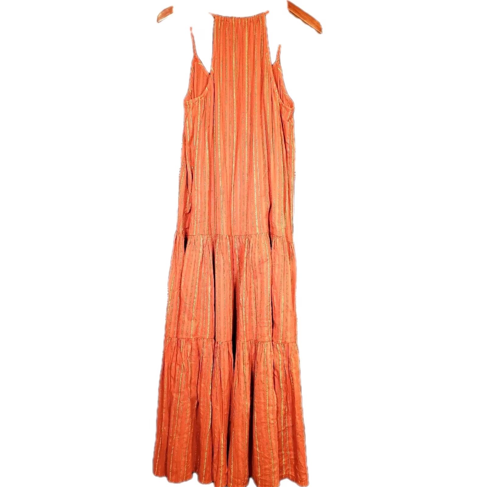 Anthropologie FRYE Anthropologie Alyssa Tiered Maxi Dress L Women's Orange Gold Metallic New Size L / US 10 / IT 46 - 4 Thumbnail