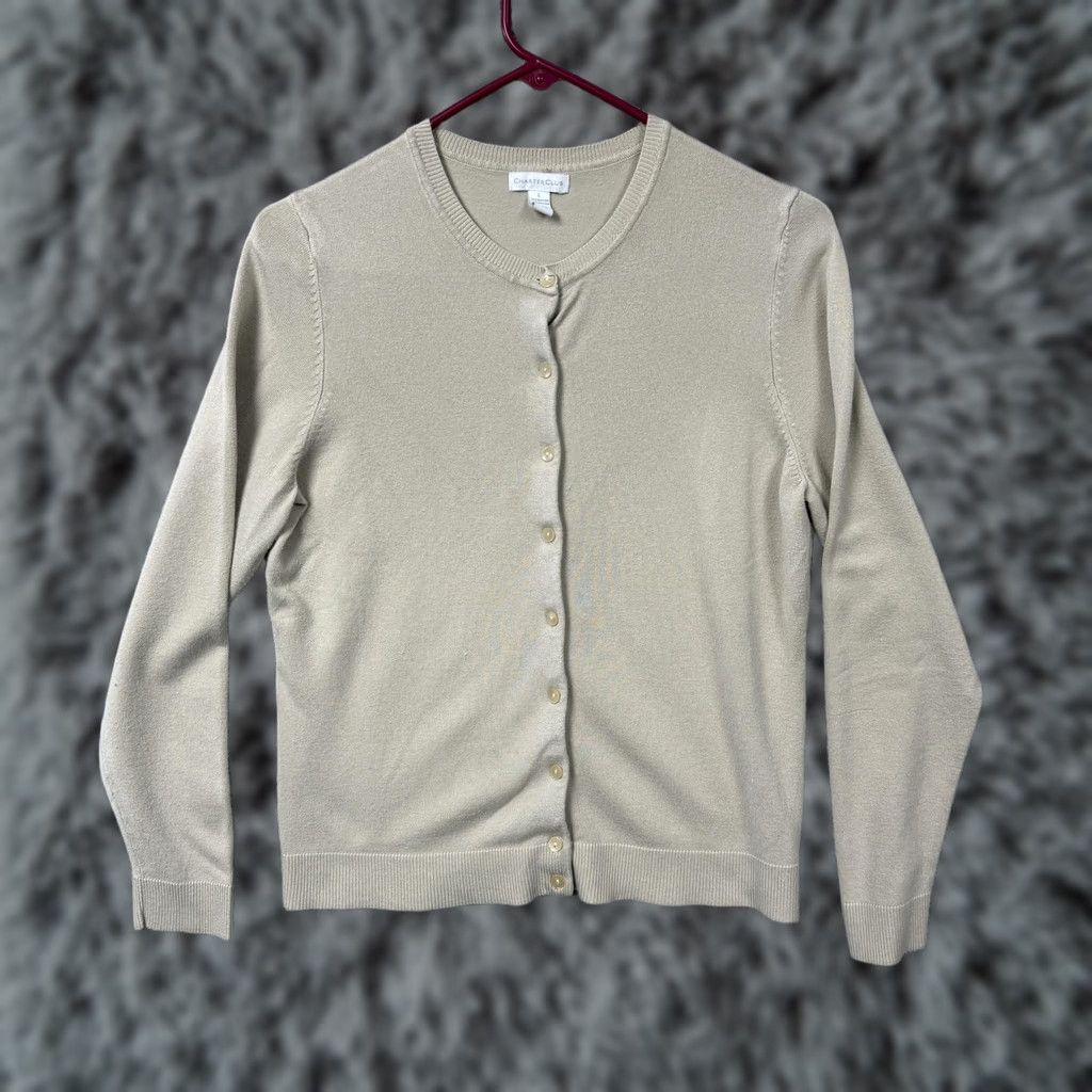 Charter Club VINTAGE Charter Club Cardigan Shirt Womens L Beige Tan Lightweight Knit Crew Neck Button Front 70% Rayon 30% Nylon Fall Casual Tight-Knit Size L / US 10 / IT 46 - 1 Thumbnail