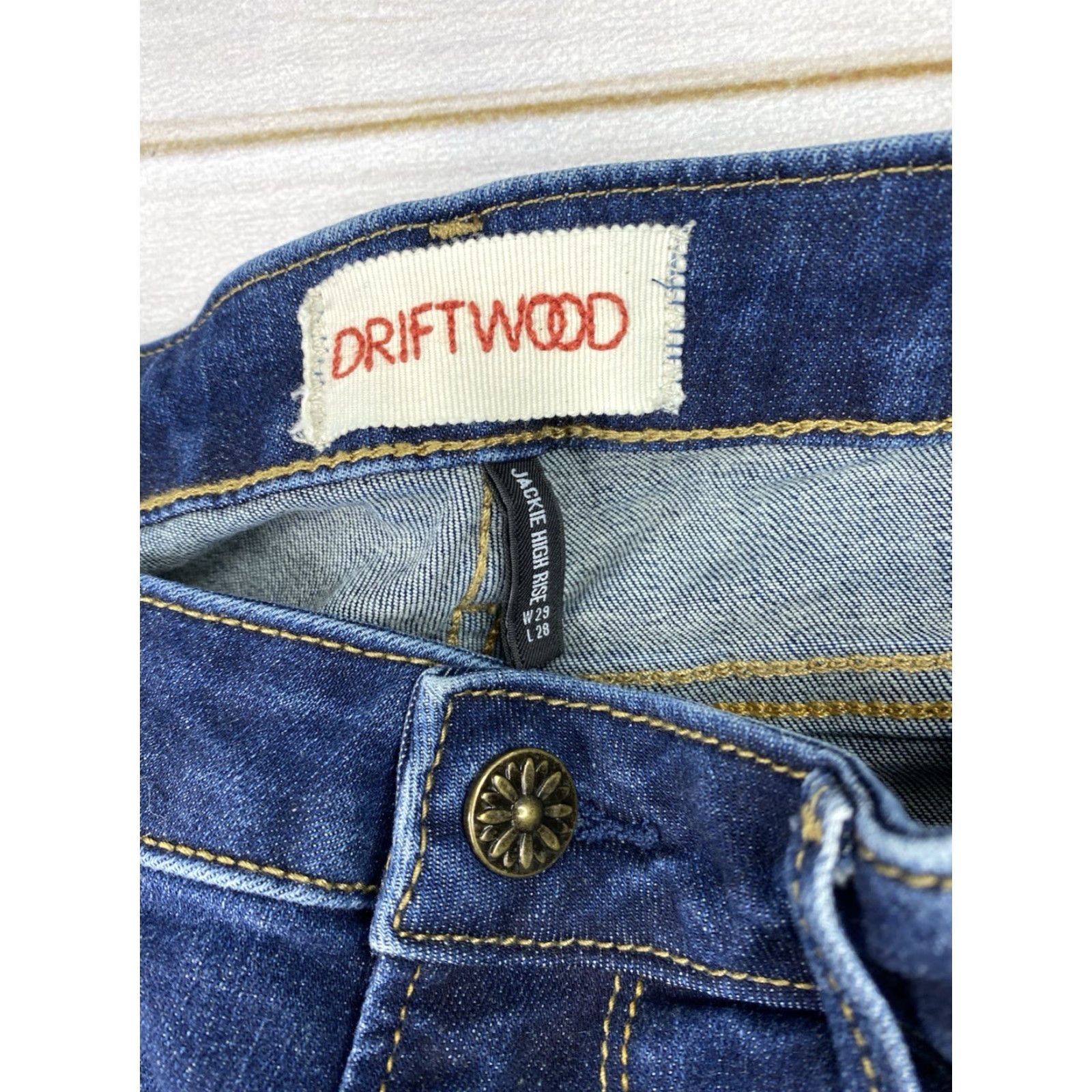 Vintage Driftwood Jackie High Rise Jeans Womens 29 Aztec Embroidered Skinny Stretch Denim Jeans Blue Geometric Bohemian 90s style Womens Size 29" - 5 Thumbnail