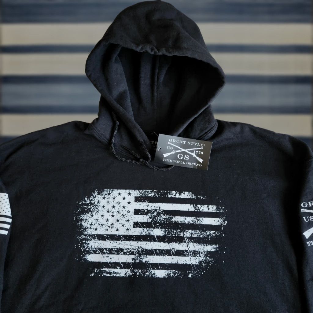 VINTAGE Grunt Style Hoodie Mens XL Black USA American Patriotic Pullover Hooded Pockets Sweatshirt Sweater