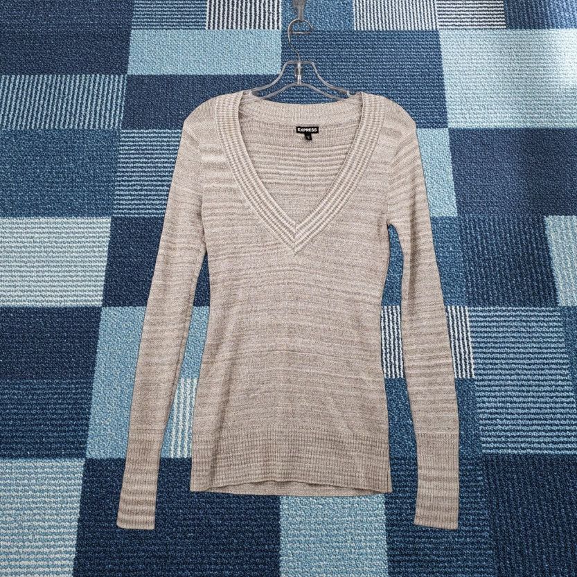 Express Express Sweater Womens M Beige Tunic V-Neck Long Sleeve Striped Cotton Blend Knit Comfort Casual Size M / US 6-8 / IT 42-44 - 1 Thumbnail