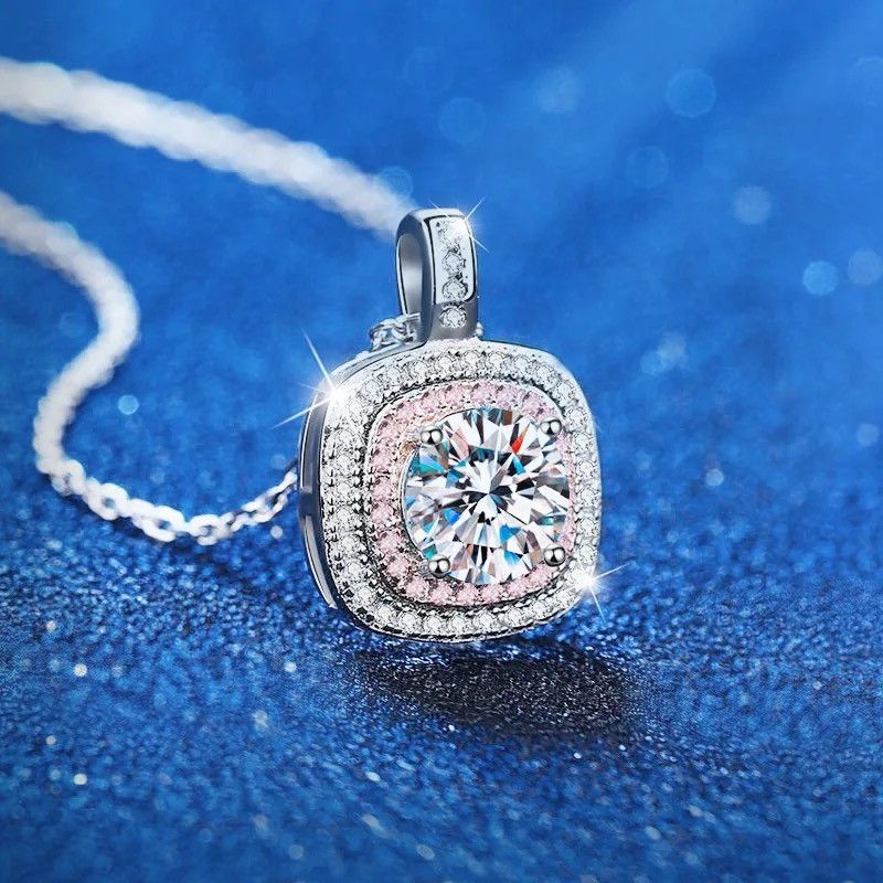 Jewelry × Sterling Silver S925 Silver Square Pendant Necklace Moissanite Light Luxury Size ONE SIZE - 3 Thumbnail