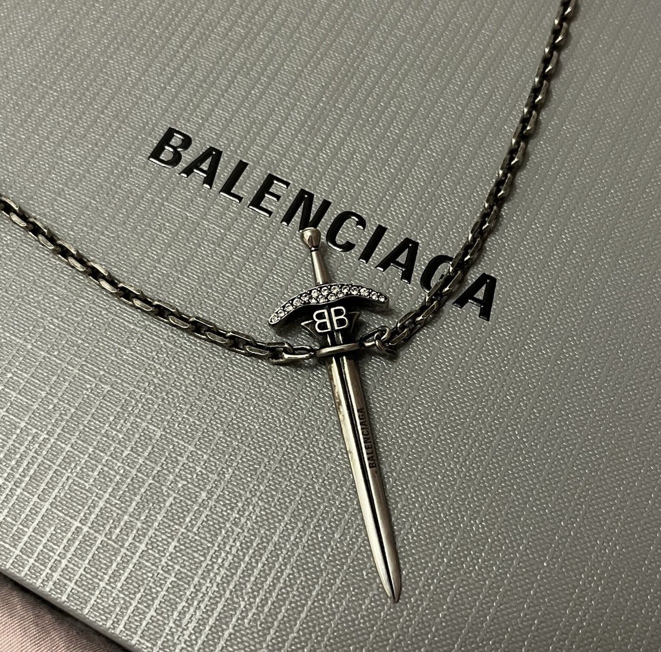 Pre-owned Balenciaga Goth Sword Necklace In Silver