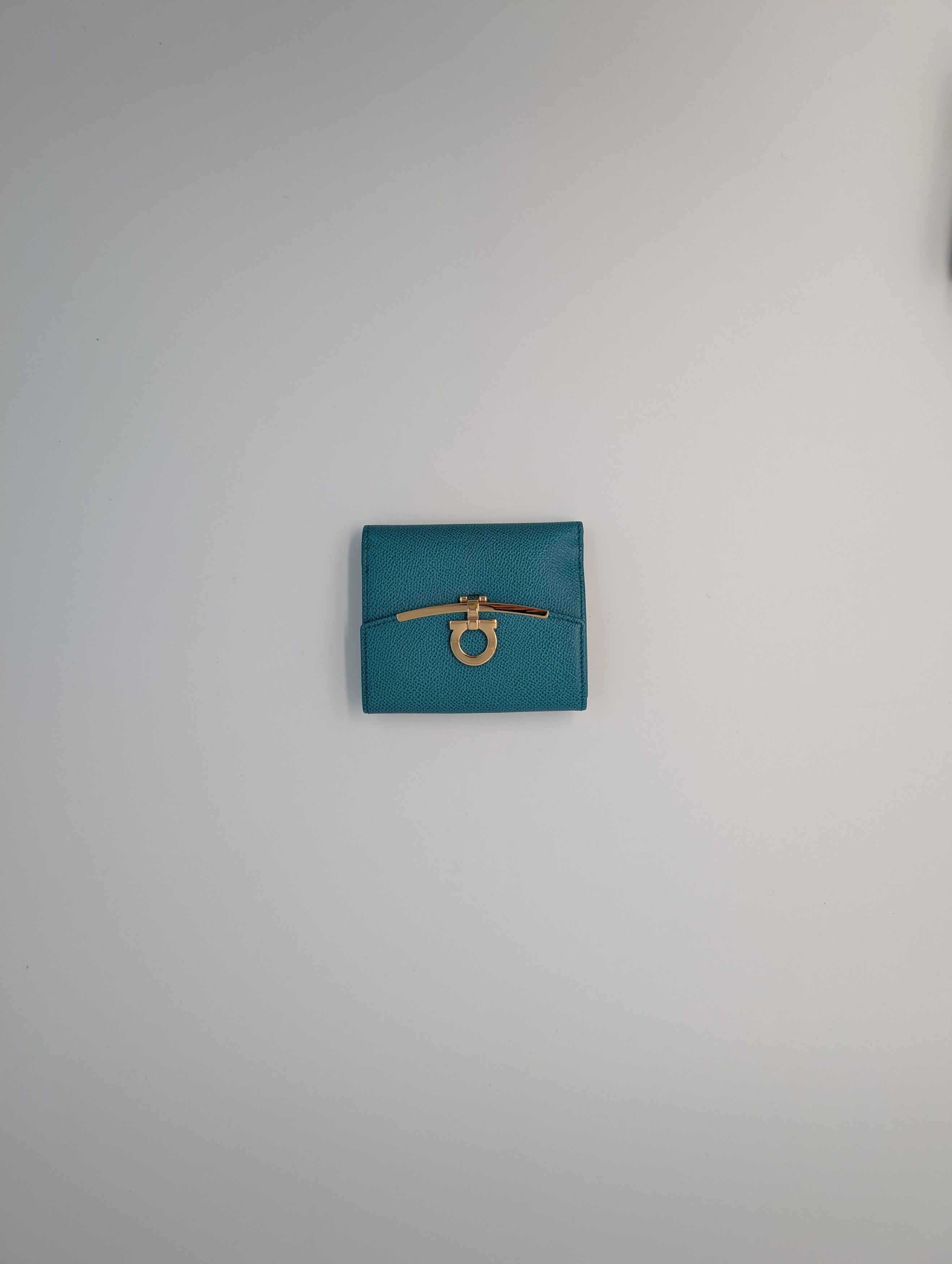 Salvatore Ferragamo Dark Aqua Green Fold-Over Clasp Leather Purse Size ONE SIZE - 1 Thumbnail