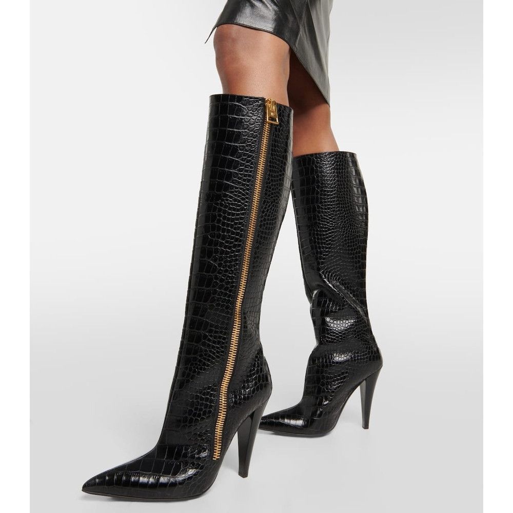 Tom Ford o1loc1c1124 W3295 Croc Effect Leather Knee-Hi Boots in Black Size US 8.5 / IT 38.5 - 3 Thumbnail